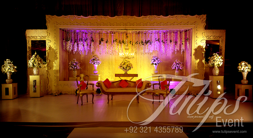 Plum Gold walima stage event setup planner in Pakistan
