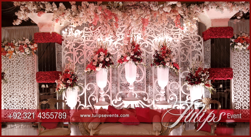 Red Crystal Wedding Stage design ideas in Pakistan