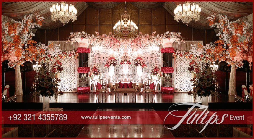 Red Crystal Wedding Stage design ideas in Pakistan