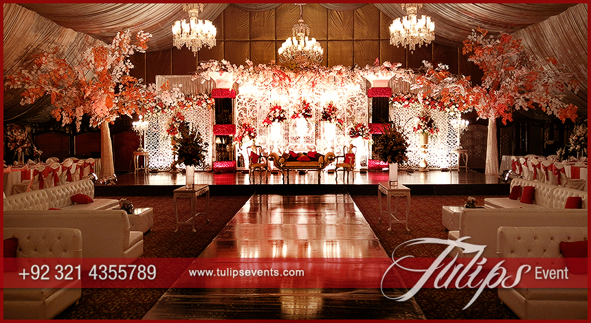 Red Crystal Wedding Stage design ideas in Pakistan