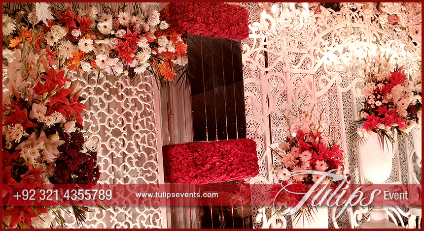 Red Crystal Wedding Stage design ideas in Pakistan