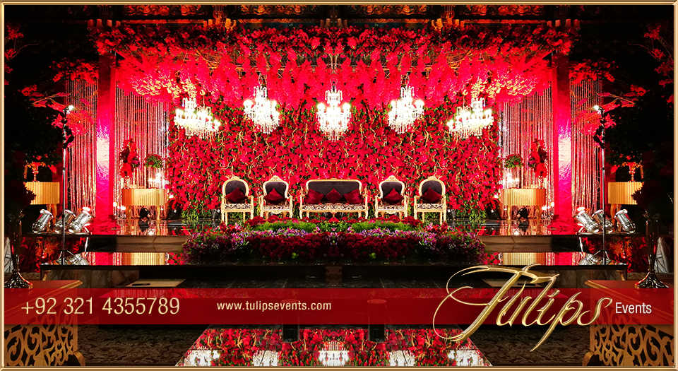 Royal-Red-Gold-Wedding-Reception-Stage-Floral-Backdrop-ideas-in-Pakistan-19