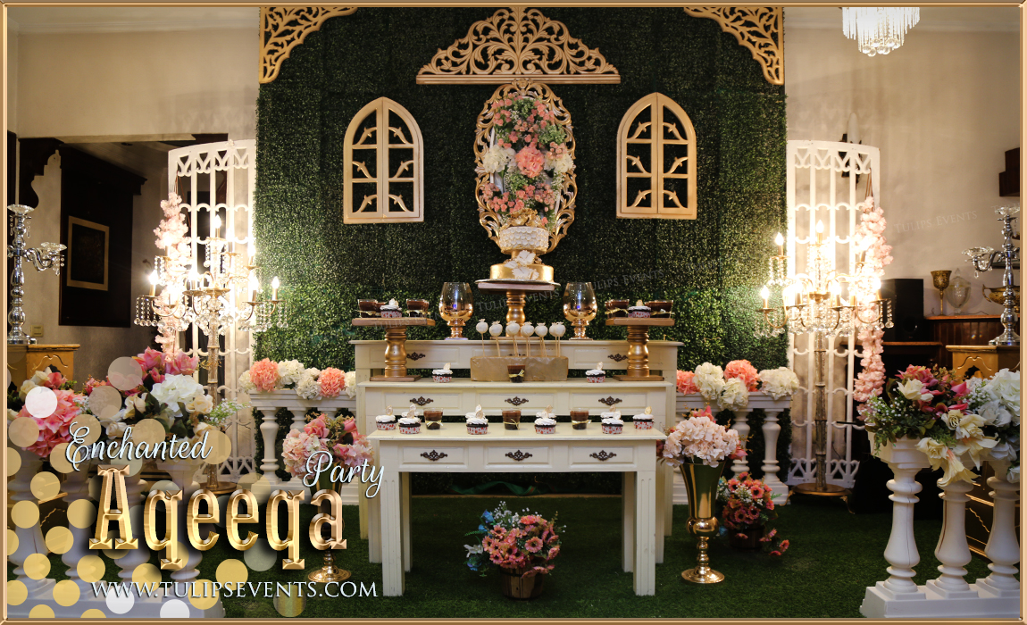 gold and white aqeeqa party decoration ideas in Pakistan (11)